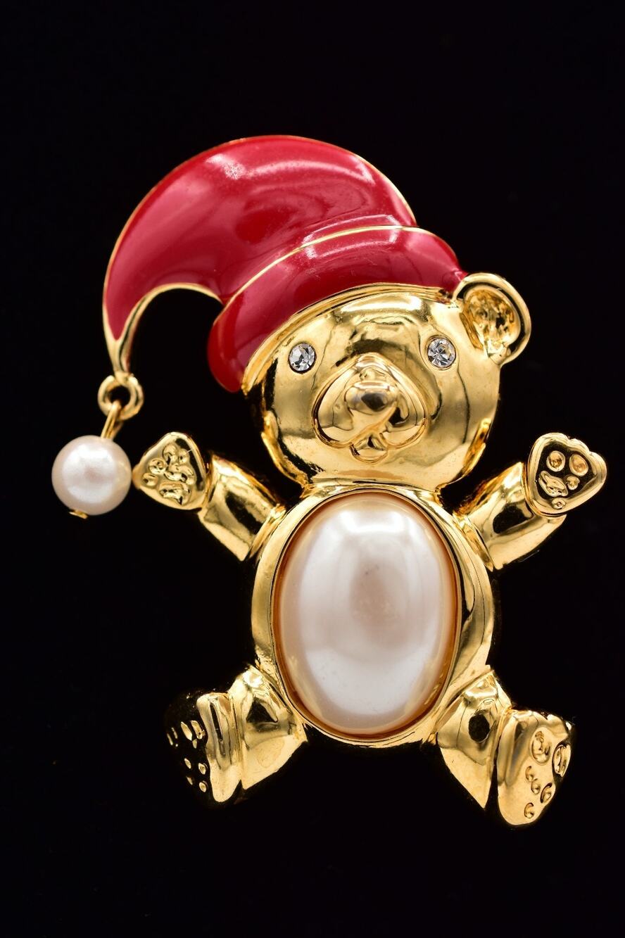 Marvella Vintage Teddy Bear Santa Pin Brooch Christmas Holiday Signed 80s BinBP